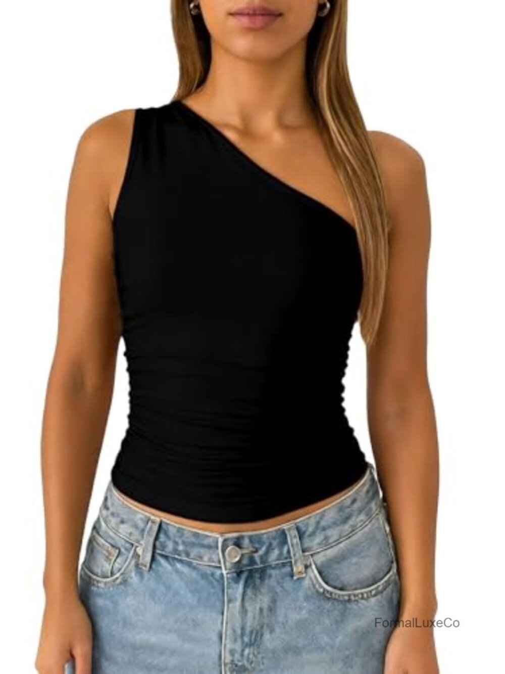 One Shoulder Tank Top Double Lined Ruched Sleeveless Y2K Going Out Summer Top